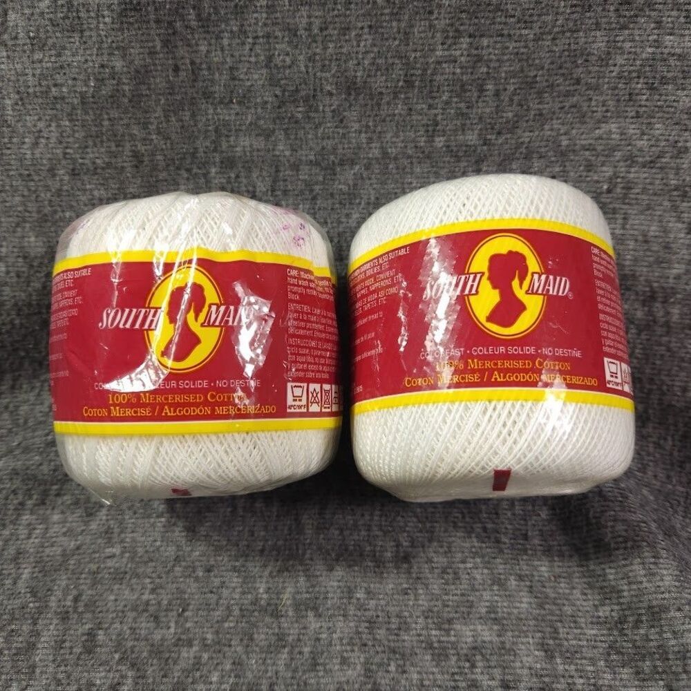 2 Crochet Thread South Maid 100% Mercerised COTTON #D-54 Color 001 WHITE Size 10